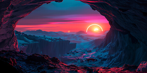 Sunrise over colorful alien landscape viewed from cave, vivid pink and blue hues illuminating rocks