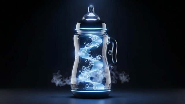 Futuristic smart baby bottle with glowing DNA helix and floating molecules, concept of innovative infant feeding technology in 2050, photorealistic sci-fi design.