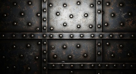 Fototapeta premium Grungy dark metal background with riveted plates and distressed texture, showcasing industrial strength and aged metallic surface.