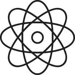 Stylized atom symbol with orbiting electrons in a geometric pattern