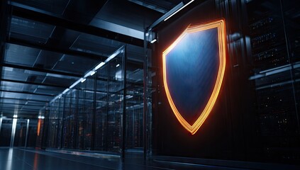 Secure Data Center with Glowing Shield Graphic.