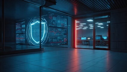 Cybersecurity Concept with Digital Shield in a Server Room.