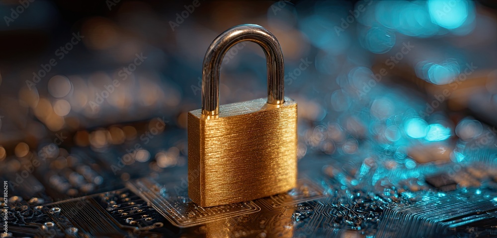 Poster golden padlock on circuit board - symbol of data security and digital protection.