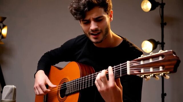 Jeune musicien passionn&eacute; jouant de la guitare.