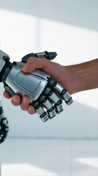 Poign&eacute;e de main futuriste entre humain et robot.