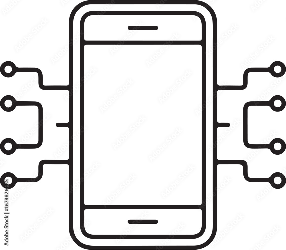 Aufkleber smartphone connected to electronic circuit board with lines and dots