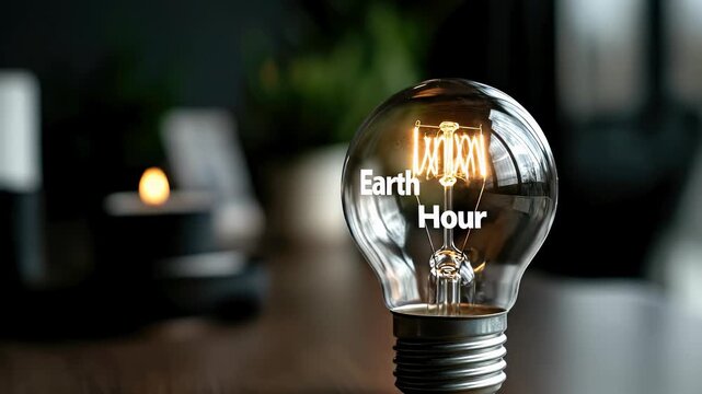 Illuminated light bulb with Earth Hour text. Warm electric glow. Focus on energy saving, eco friendly power conservation, global environmental awareness, and a sustainable planet.