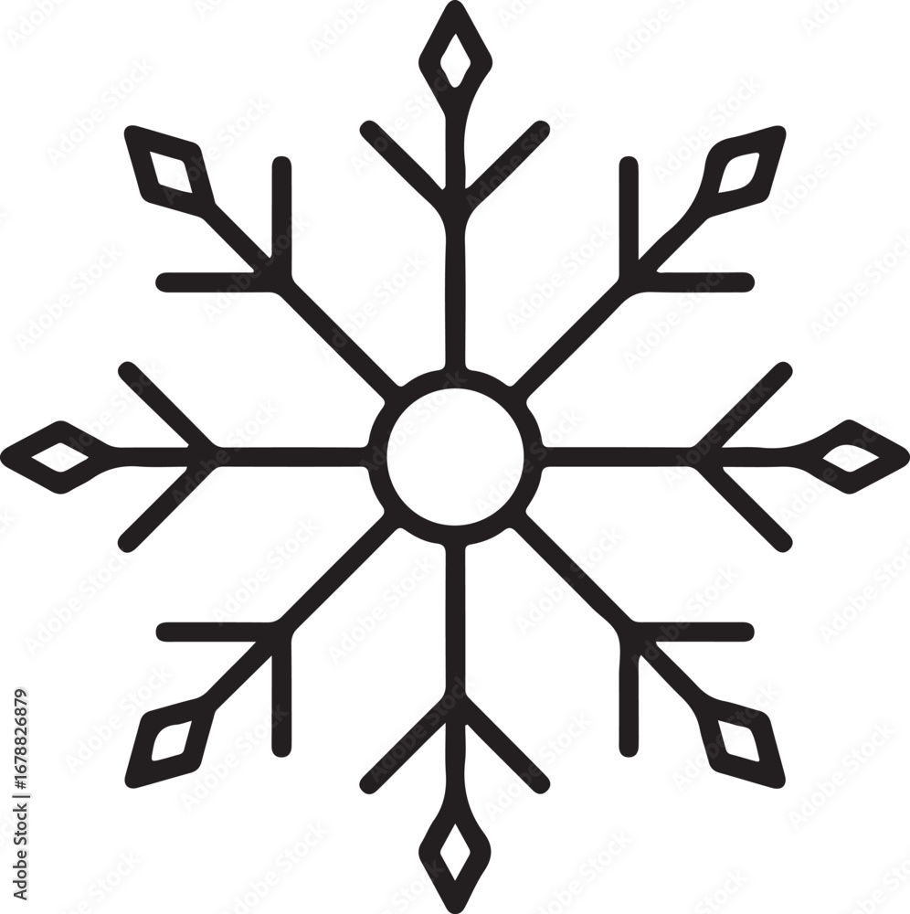 Poster simple geometric snowflake icon with clean lines and a central circle