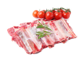 Fresh raw beef ribs, tomatoes and rosemary isolated on white
