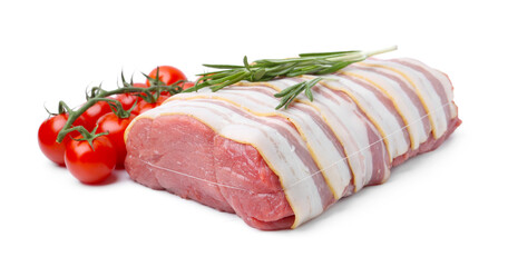 Piece of raw beef meat, tomatoes and rosemary isolated on white