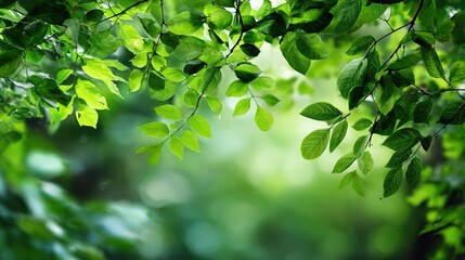Fresh Green Leaves Branch with Natural Bokeh Background