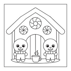 Two gingerbread people stand in front of a gingerbread house with a mug of steaming hot chocolate between them