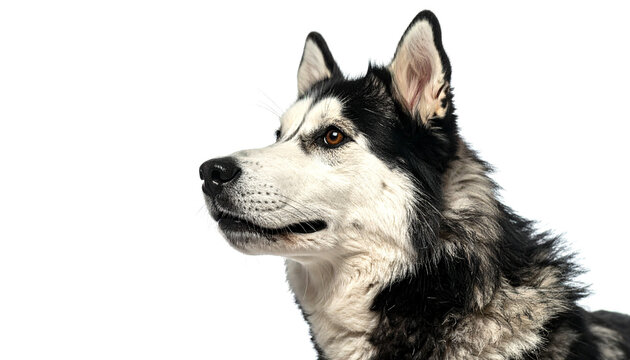 Siberian husky looking attentively with black and white fur against white backdrop