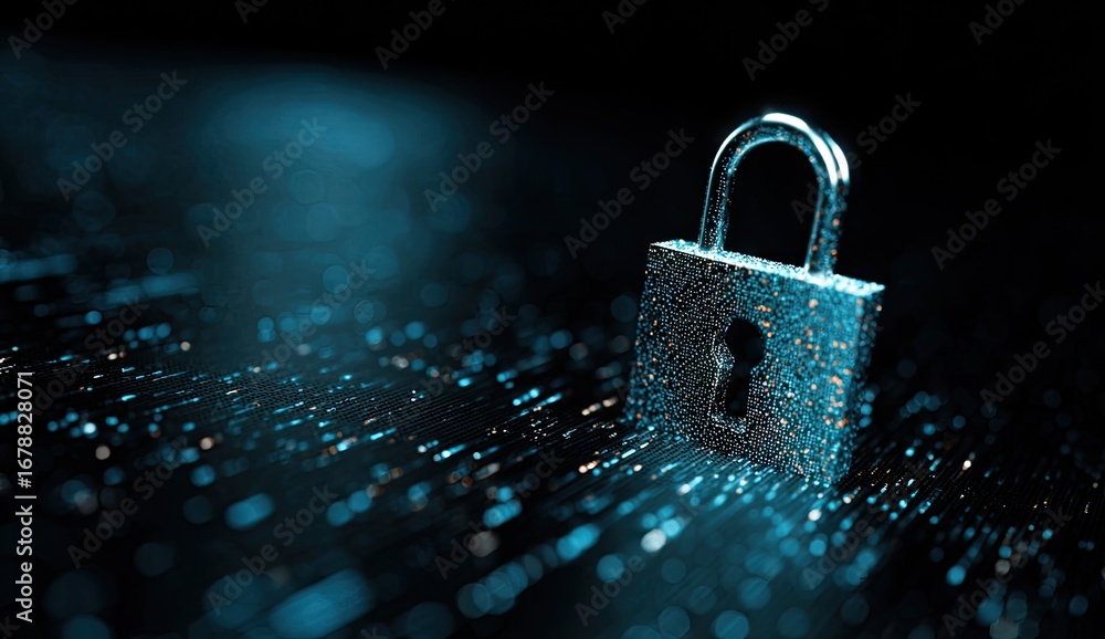 Poster cybersecurity - padlock on circuit board for data protection.