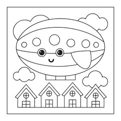 Friendly cartoon blimp flying over small houses with clouds line art for coloring airship dirigible