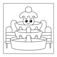 Adorable cartoon multi-tiered fountain with a happy face and park bench line art for coloring water