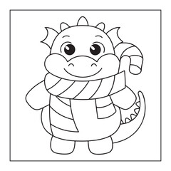Outline Drawing of a Cute Dragon Wearing a Scarf with a Candy Cane cartoon
