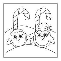 Outline Drawing of Two Cute Penguins with Candy Canes in a Snowy Landscape vector illustration