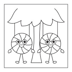 Obraz premium Two Round Swirl Lollipops with Faces Hanging from a Canopy candy sweet