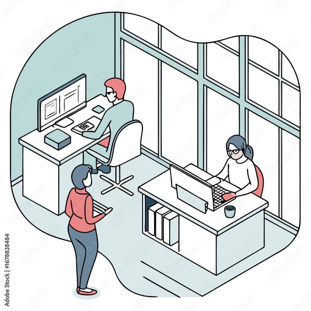 Poster isometric illustration of three people working in an office with desks computers and large windows l