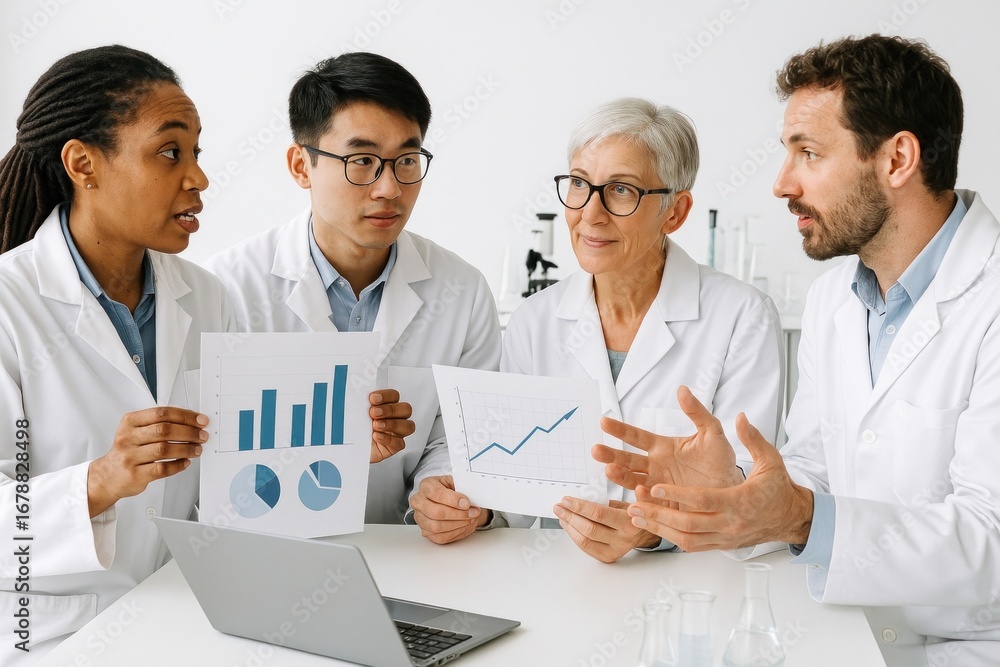 Poster diverse scientists discussing data.