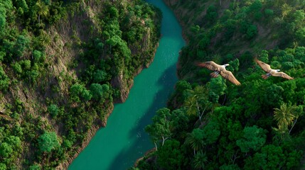 Birds flying above emerald river winding through a jungle canyon capturing the lush verticality of tropical terrain