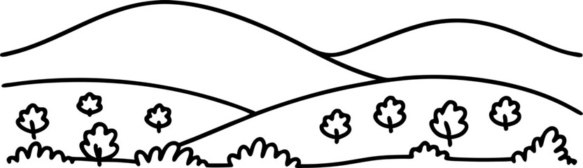 Obraz premium Rolling hills landscape outline with trees and bushes, simple nature countryside line art illustration