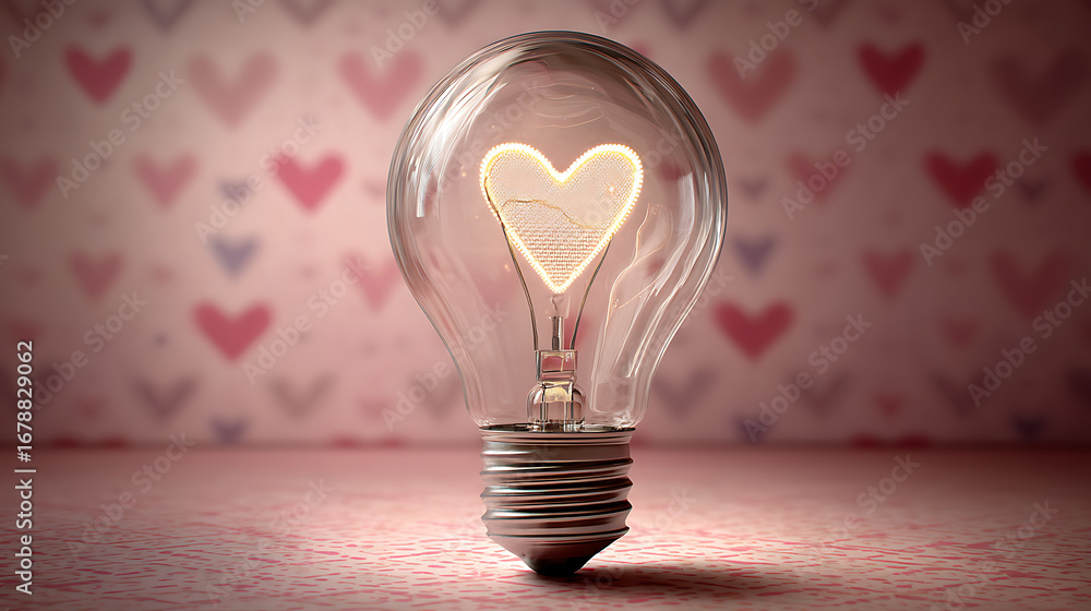 Aufkleber clear light bulb with a glowing heart-shaped filament resting on a pink surface with a heart pattern