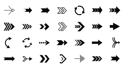 Collection of various arrow shapes and directions isolated on white background for graphic design and user interface elements