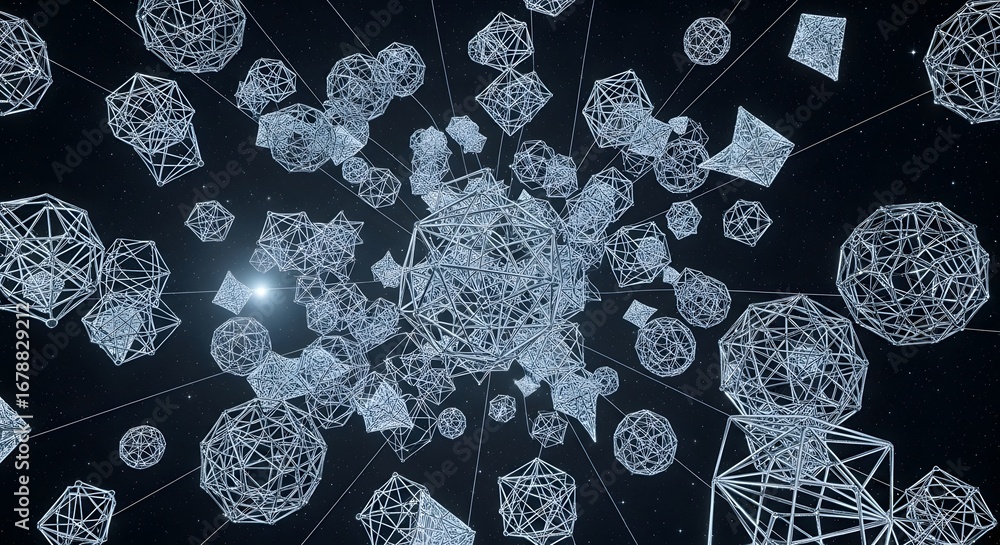 Fototapete abstract 3d rendering of interconnected geometric shapes floating in a dark void with a bright light