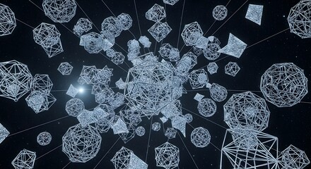 Abstract 3D rendering of interconnected geometric shapes floating in a dark void with a bright light source.