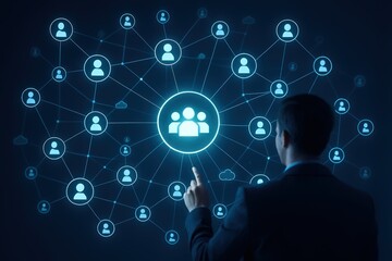 A person interacts with a glowing network of interconnected user icons, highlighting a central group icon, creating a modern and technology-driven presentation of a social network.