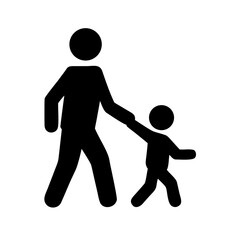 Minimalist black silhouette vector icon of a father walking hand in hand with a child, symbolizing family, parenting, care, and bonding. Isolated on a transparent background