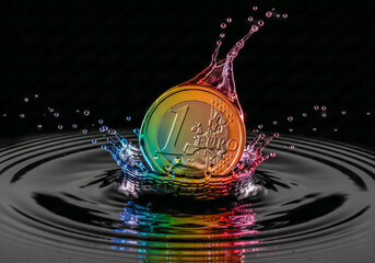 a 1 euro coin hits the water surface, creating a splash