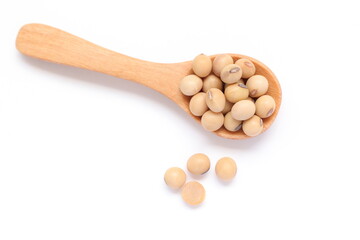 Soybean in spoon on white background, soy beans on white 