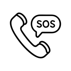 Minimalist black outline vector icon of a handset next to the inscription "SOS", symbolizing emergency, help, and urgent communication. Isolated on a transparent background