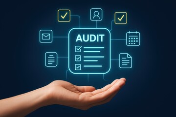 A hand holds a glowing, digital audit checklist, surrounded by interconnected icons representing various aspects of the process.