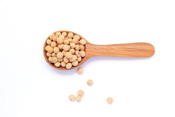 Soybean in spoon on white background, soy beans on white 