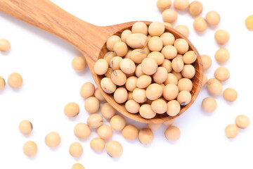 Soybean in spoon on white background, soy beans on white 
