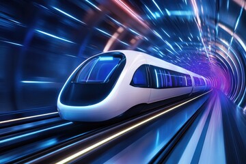Fototapeta premium Futuristic high-speed train in neon-lit tunnel capturing modern transportation