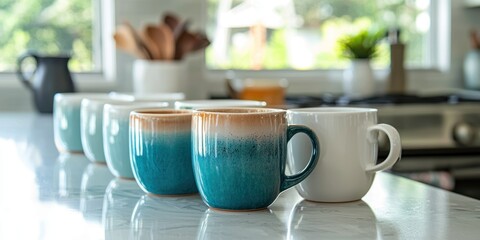 A row of mugs sits on a white marble countertop in a kitchen. The mugs are a blend of white and teal, with a gradient effect from darker teal at the bottom to white at the top. 