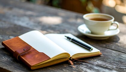 Open notebook, pen, and coffee cup on a wooden table