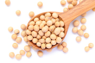 Soybean in spoon on white background, soy beans on white 