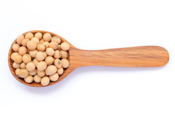 Soybean in spoon on white background, soy beans on white 