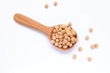 Soybean in spoon on white background, soy beans on white 