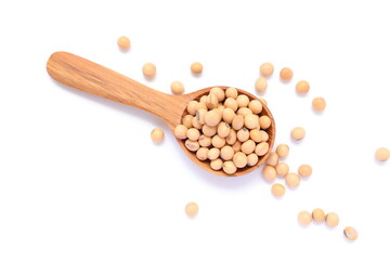 Soybean in spoon on white background, soy beans on white 