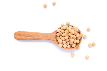 Soybean in spoon on white background, soy beans on white 