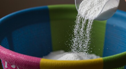 Powder is being poured from a clear scoop into a colorful plastic container. The background is blurry and indistinct.
