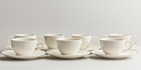 Fototapeta premium A set of six white coffee cups and matching saucers are arranged in a row on a light gray surface. The cups are simple in design with a rounded shape and a delicate handle. 