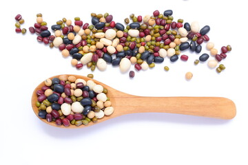 mixeda beans, beans, separated beans on white background, red beans, white beans and white beans on white